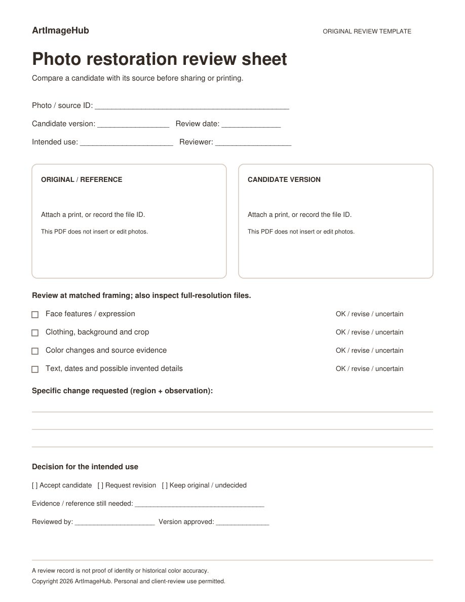 Original ArtImageHub photo restoration review worksheet with source and candidate boxes, a checklist, revision notes, and a version decision